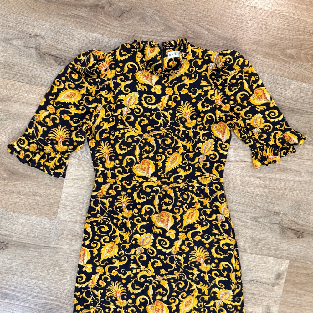 RHODE Felix Dress Black Yellow Gold Patterned Flare Midi - Picture 7 of 14